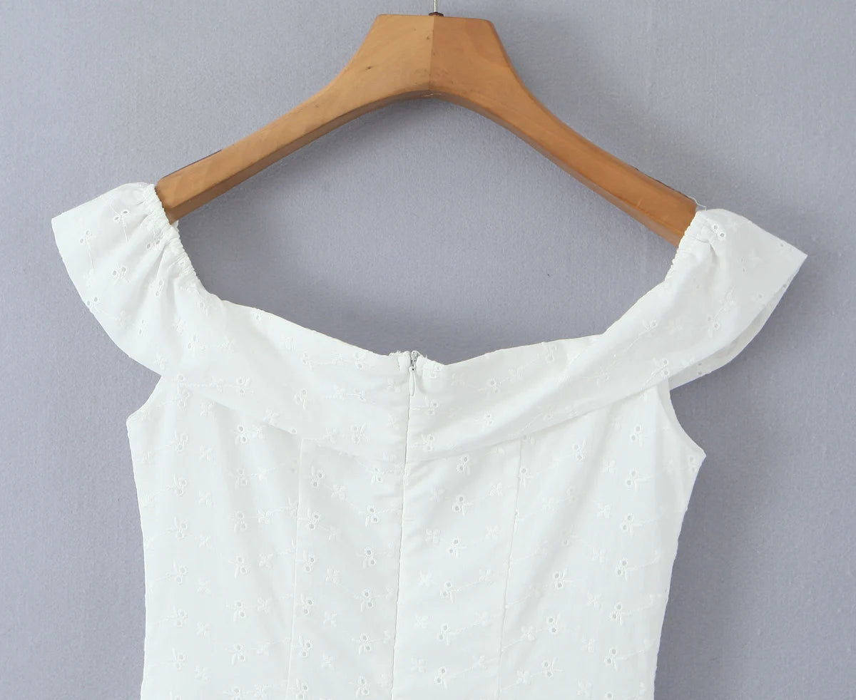 Sexy White Embroidery Flower Roll up Collar Off Shoulder Low Waist Ruched Pleated Swing Mini Dress Women Sexy Summer Robe Party