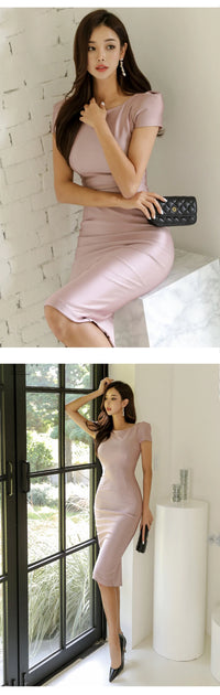 Fashion Simple Sweet Midi Dress Women Pink Short Sleeve Bodycon Skinny Split Robe Femme Elegant Office Lady Party Clothes Female