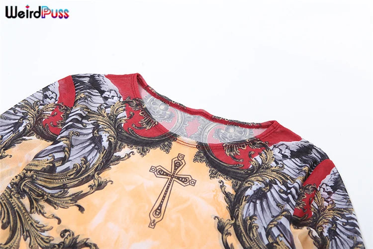 Weird Puss Chic Gradient Print Women Dress See Through Long Sleeve O-Neck Skinny Special Wing Hipster Bodycon Midnight Clubwear