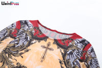 Weird Puss Chic Gradient Print Women Dress See Through Long Sleeve O-Neck Skinny Special Wing Hipster Bodycon Midnight Clubwear