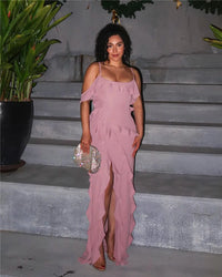 Mozision Elegant Ruffle Sexy Maxi Dress Women Spaghetti Strap Flower Sleeveless Backless High Split Club Party Evening Dress