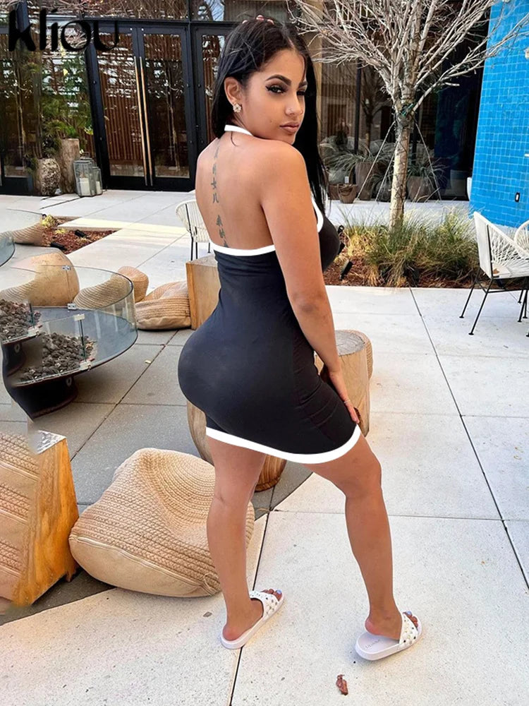 kliou Halter Women Dresses Classic New Panelled Trim Backless V-neck Body-shaping Simple Vestidos Female Summer Thin Streetwear