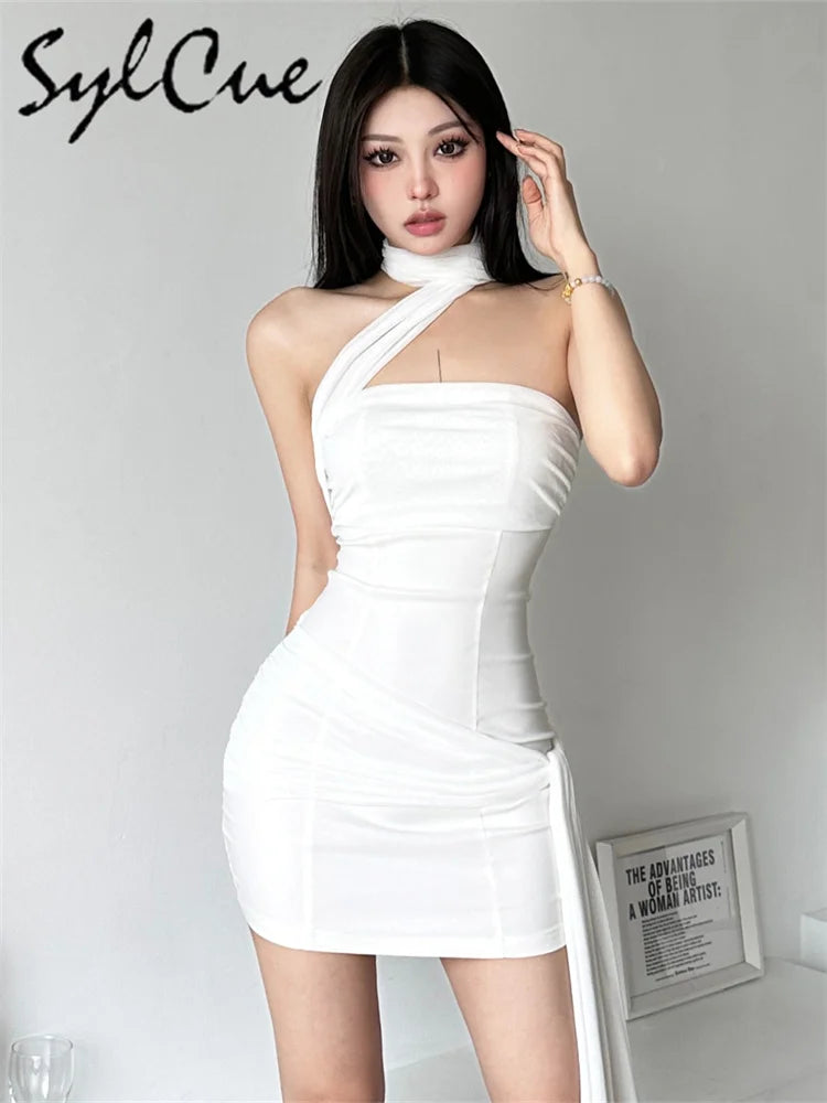 Sylcue Summer Bachelor Party White Simple Elegant Mature Beautiful Confident Feminine Sexy Women's Short Tight Dress