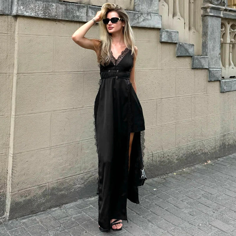 CUTENOVA  2025 Spring And Summer New Solid Color Sleeveless Lace Patchwork Sling High Split Dress Sexy Hottie Fashion Dresses