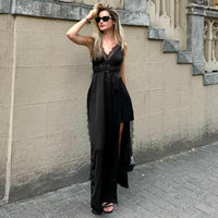 CUTENOVA  2025 Spring And Summer New Solid Color Sleeveless Lace Patchwork Sling High Split Dress Sexy Hottie Fashion Dresses