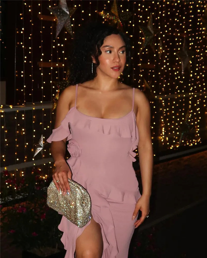 Mozision Elegant Ruffle Sexy Maxi Dress Women Spaghetti Strap Flower Sleeveless Backless High Split Club Party Evening Dress