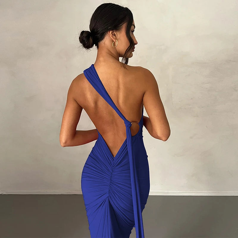 Hugcitar One Shoulder Backless Adjustable Scarf Loop Ruched Sexy Maxi Dress 2024 Women Elegant Y2K Streetwear Festival Outfit