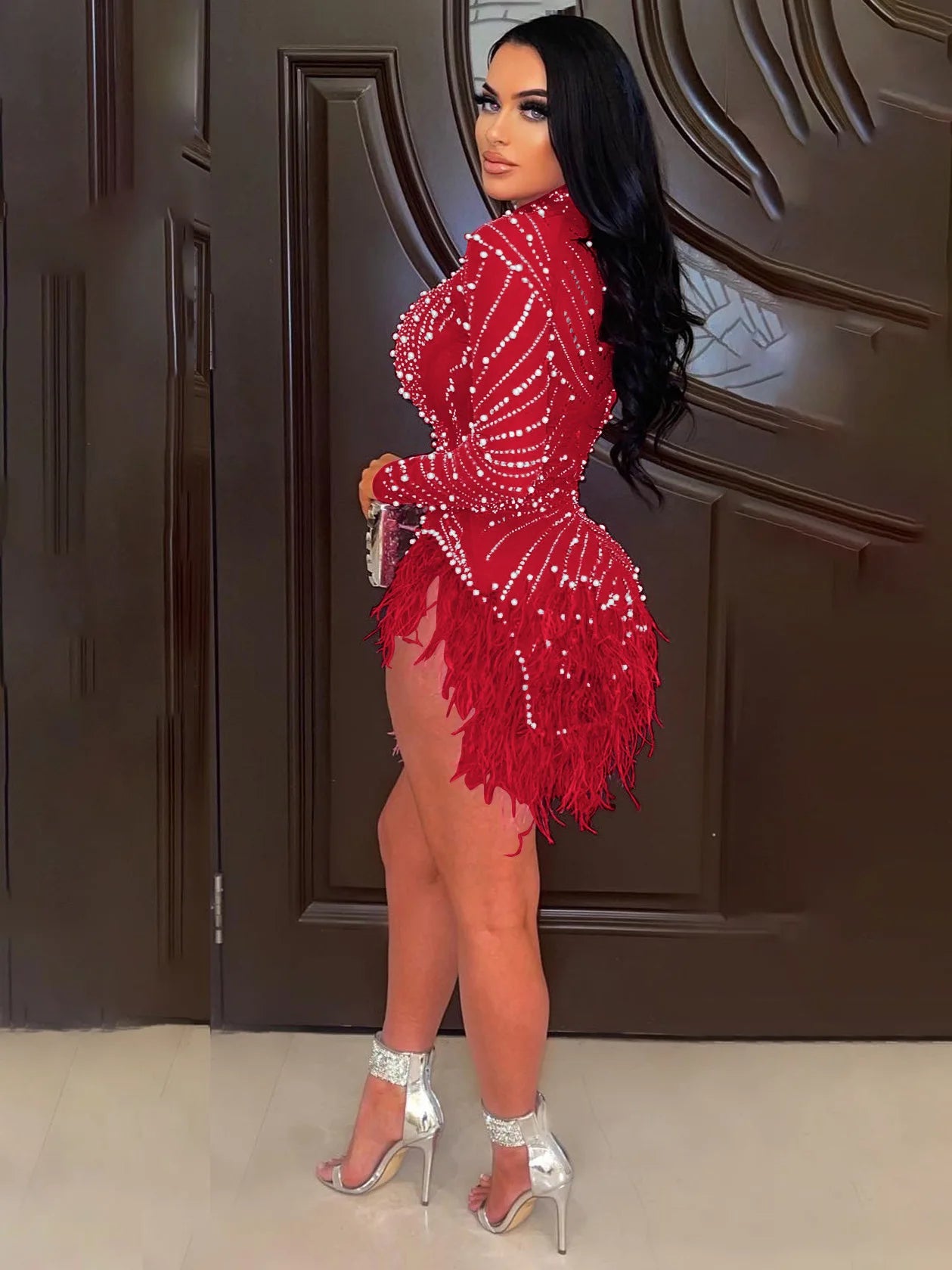 Sexy Pearls Rhinestone Party Dresses Women Elegant Nightclub Feather Birthday Dress Long Sleeve Mesh Sheer Bodycon Dress