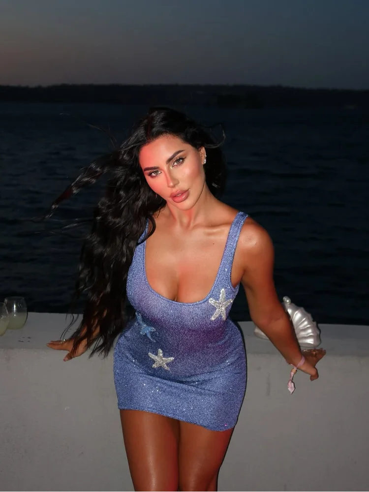 2025 Fashion Purple Printed Starfish Backless Shiny Mini Dress Women's Chic Slim Fit U-neck Sling Short Dresses Lady Party Gowns