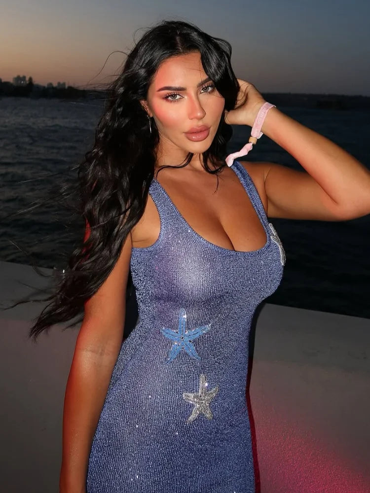2025 Fashion Purple Printed Starfish Backless Shiny Mini Dress Women's Chic Slim Fit U-neck Sling Short Dresses Lady Party Gowns
