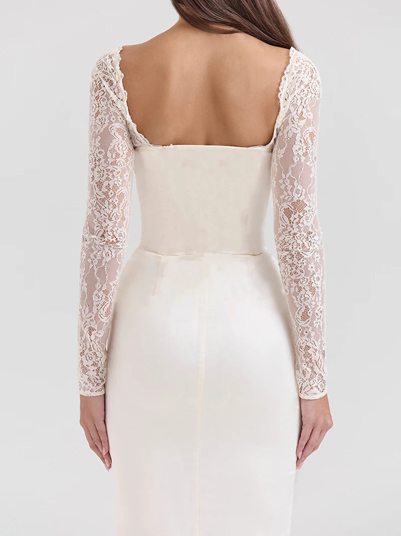 Moziision Lace Long Sleeve Sexy Maxi Dress For Women White Square Collar Backless Back Split Bodycon Club Party Long Dress