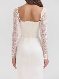 Moziision Lace Long Sleeve Sexy Maxi Dress For Women White Square Collar Backless Back Split Bodycon Club Party Long Dress