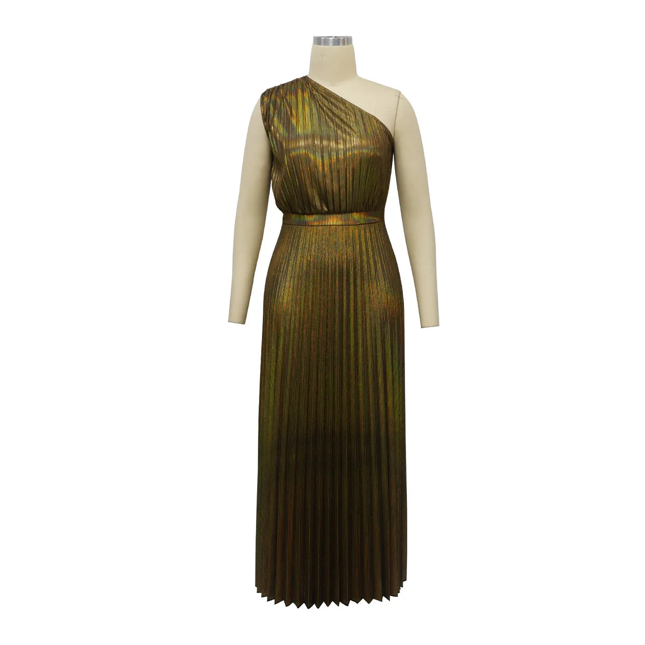 Elegant Women Even Dresses Luxury Maxi Long Metallic Pleated Dress One Shoulder Sleeveless Premium Shiny Shimmer Gowns