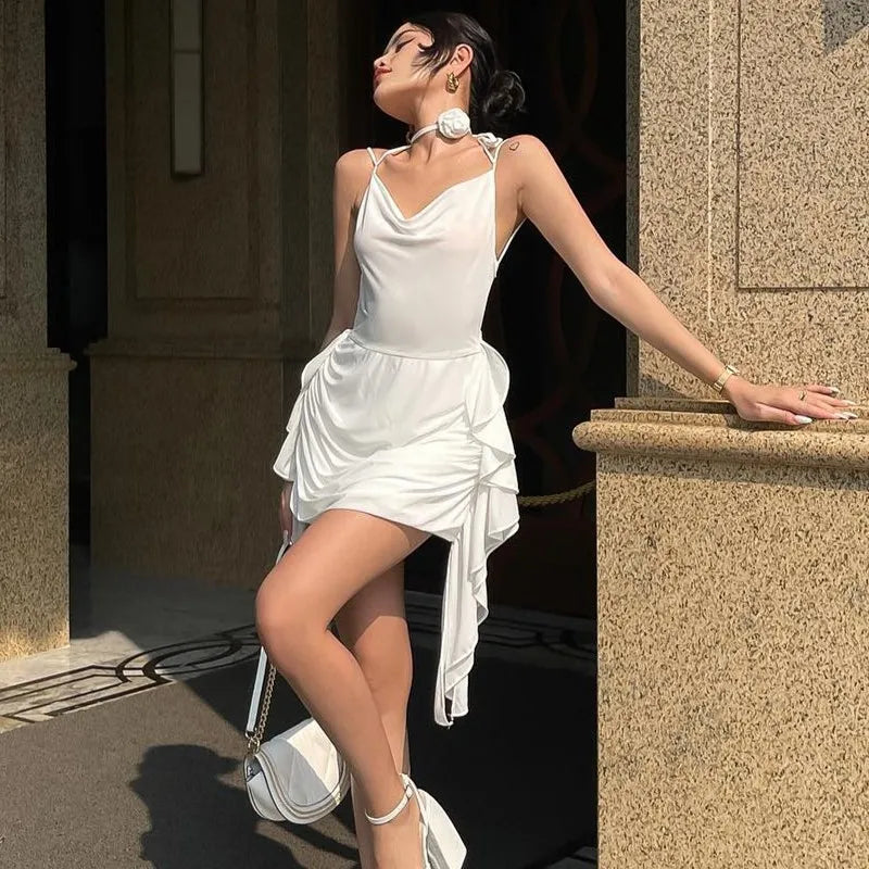 WhereMery Elegant Women Ruffles Backless Mini Dress Y2K Fashion Sleeveless Halter 2024 Summer Dresses Sexy Low-cut Tight Vestido