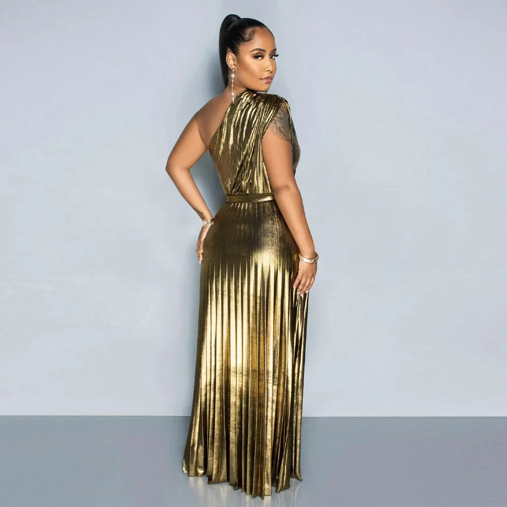 Elegant Women Even Dresses Luxury Maxi Long Metallic Pleated Dress One Shoulder Sleeveless Premium Shiny Shimmer Gowns