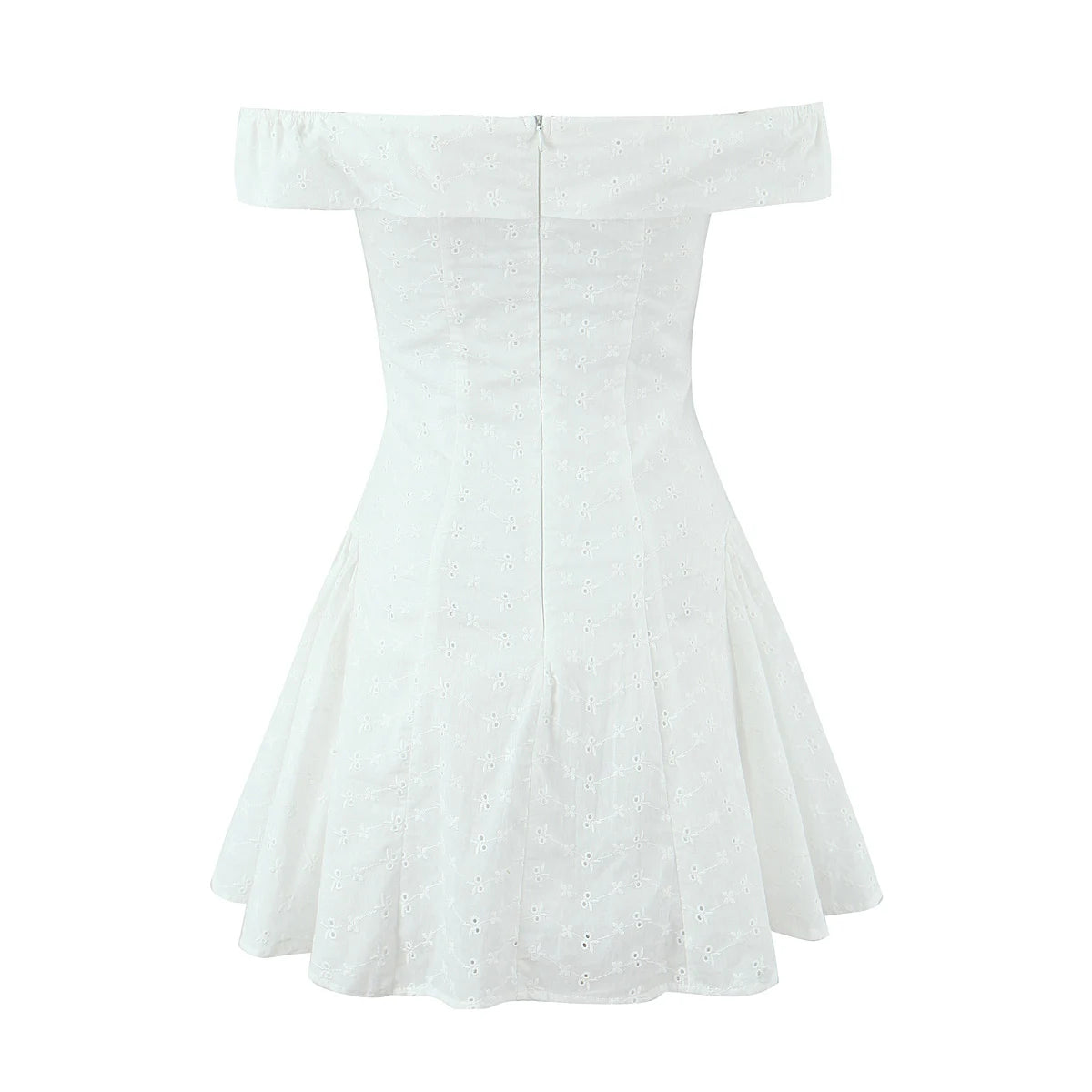 Sexy White Embroidery Flower Roll up Collar Off Shoulder Low Waist Ruched Pleated Swing Mini Dress Women Sexy Summer Robe Party