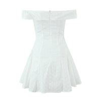 Sexy White Embroidery Flower Roll up Collar Off Shoulder Low Waist Ruched Pleated Swing Mini Dress Women Sexy Summer Robe Party