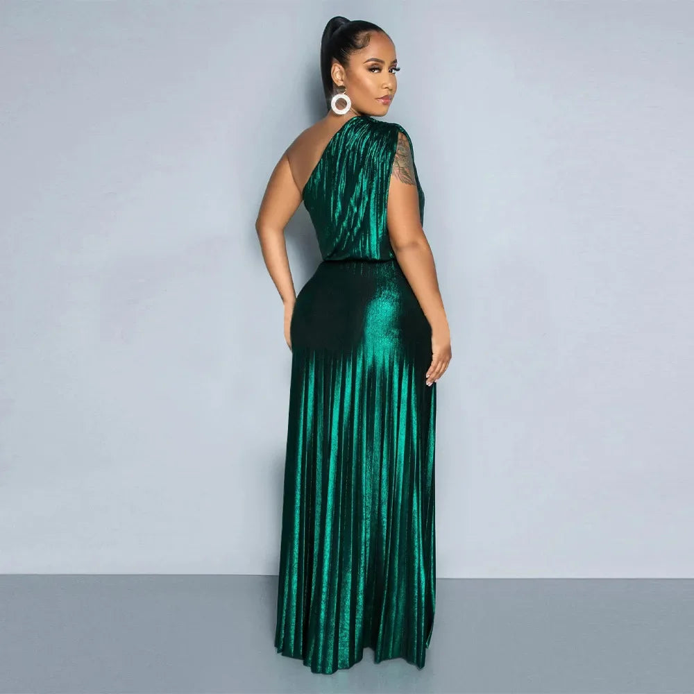 Elegant Women Even Dresses Luxury Maxi Long Metallic Pleated Dress One Shoulder Sleeveless Premium Shiny Shimmer Gowns