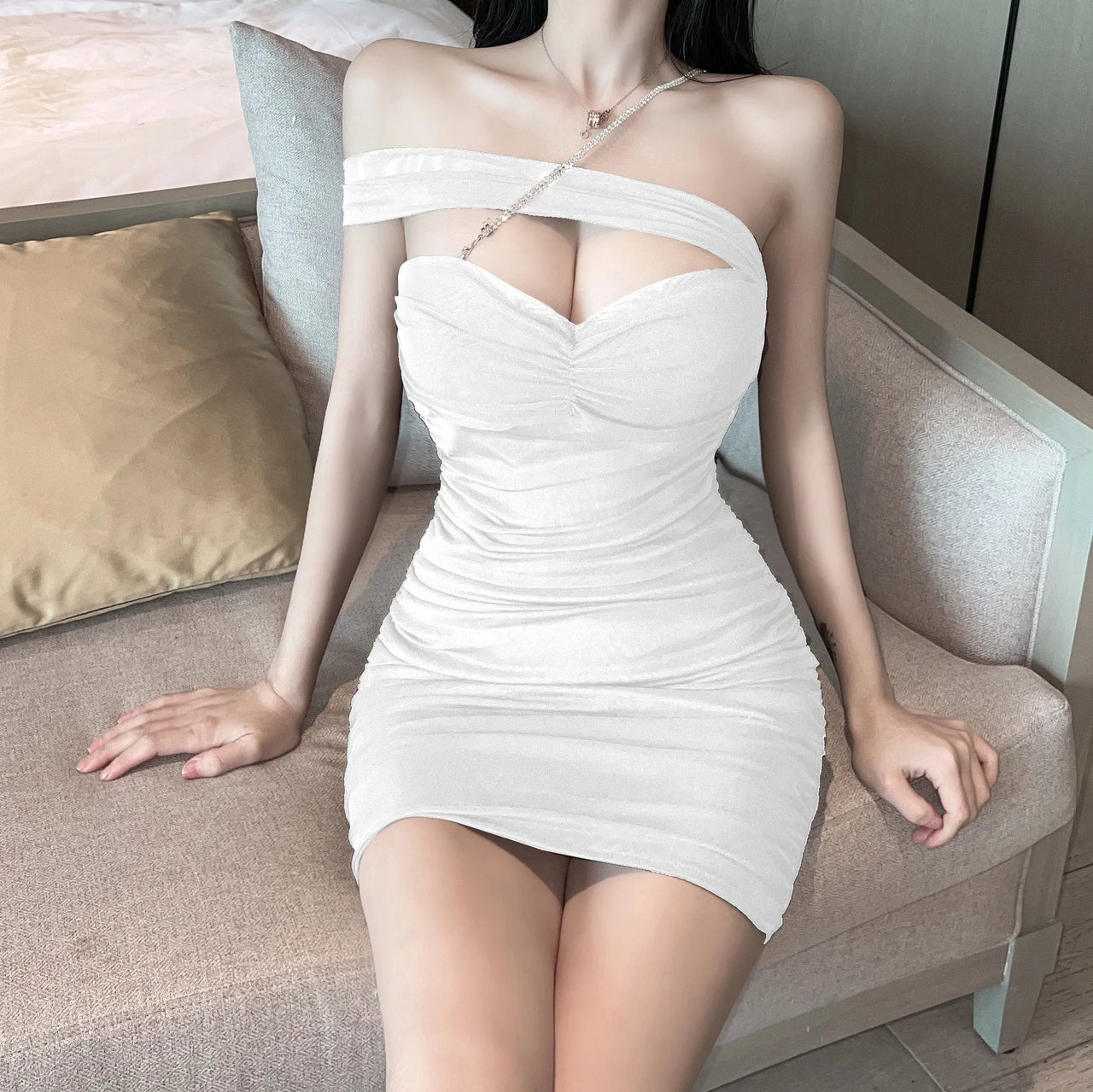 WOMENGAGA Sexy Spicy Girl Off Shoulder Mesh Chain Cross Dress Elegant Fashion Sexy Korean Women Mini Dress 2024 New Tops Z1IG