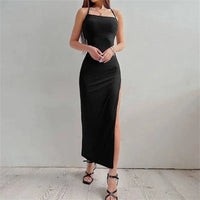 Sexy Black Long Bodycon Dress Women Summer Sleeveless Blackless Halter Neck Spaghetti Strap Dresses High Split Vestidos