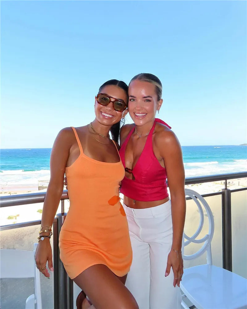 Mozision Spaghetti Strap Print Knit Mini Dress For Woman Robe Summer New Sleeveless Backless Beach Holiday Club Dress Knitwear