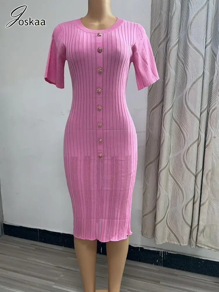 Joskaa Knitted Striped Buttons Round Neck Short Sleeve Body-Shaping Long Dresses for Women Birthday Party Clubwear Streetwear