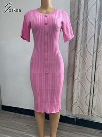Joskaa Knitted Striped Buttons Round Neck Short Sleeve Body-Shaping Long Dresses for Women Birthday Party Clubwear Streetwear