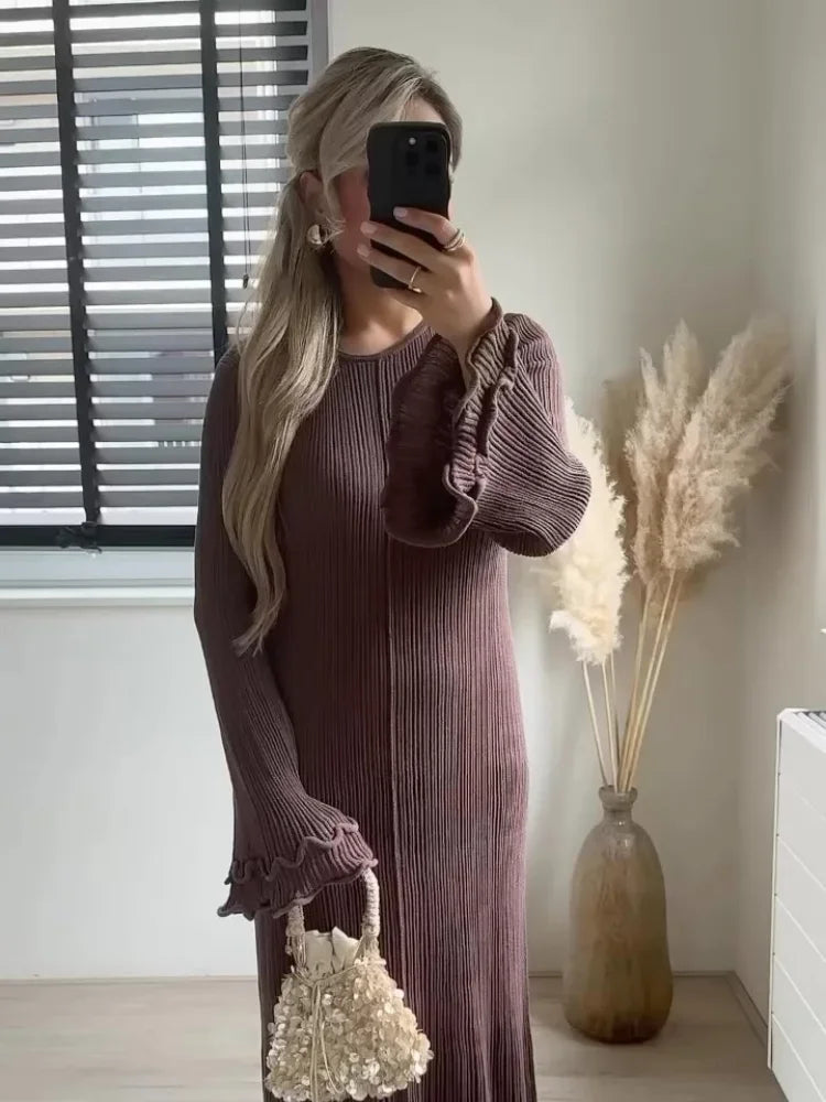 Women's Chic Ruffles Backless Lace Up Knitted Maxi Dress Elegant Round Neck Flare Long Sleeve Vestido 2024 Lady New Fashion Robe