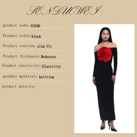 Women's New Sexy Black Decorative FlowerBreast wrapping Dress, Fashion Slim Fit Open Back Bottom Split Party Dress Long