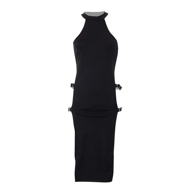 Goth Dark Cosplay High Split Side Sexy Sleeveless Dresses Gothic High Waist Y2k Slim Women Dress Harajuku Summer Night Clubwear