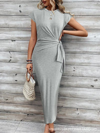 Elegant And Elegant Waist Lace Up Striped Round Neck Short Sleeve Long Dress Summer Party Bodycon Women's Dresses