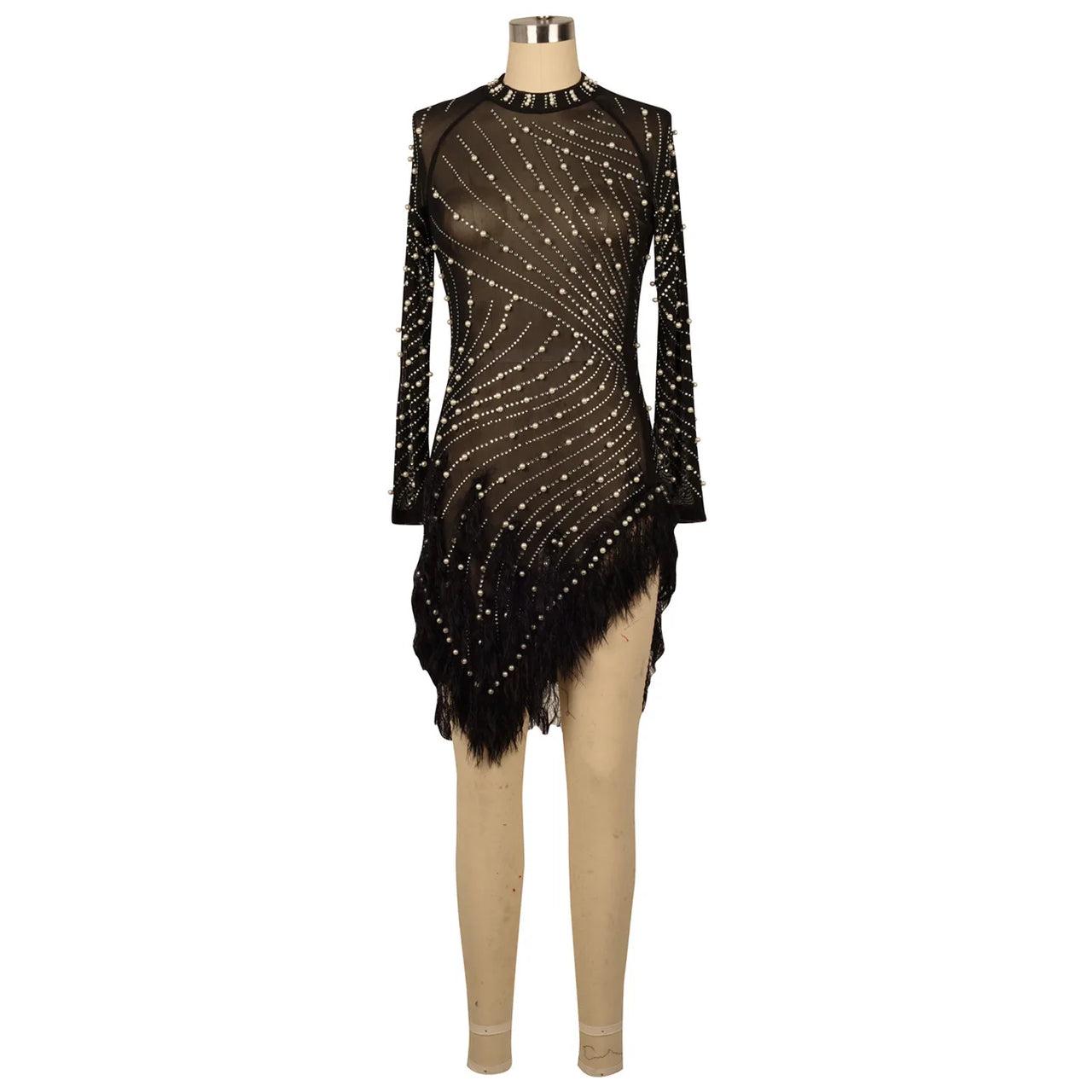 Sexy Pearls Rhinestone Party Dresses Women Elegant Nightclub Feather Birthday Dress Long Sleeve Mesh Sheer Bodycon Dress