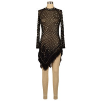 Sexy Pearls Rhinestone Party Dresses Women Elegant Nightclub Feather Birthday Dress Long Sleeve Mesh Sheer Bodycon Dress
