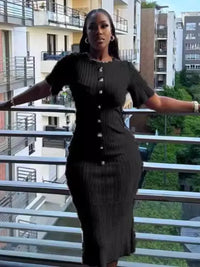 Joskaa Knitted Striped Buttons Round Neck Short Sleeve Body-Shaping Long Dresses for Women Birthday Party Clubwear Streetwear