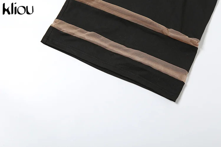 kliou Autumn Women Mesh Patchwork Maxi Dress Elegant Sexy See Through Long Sleeve O-neck Robe Party Female Trend Party Vestidos