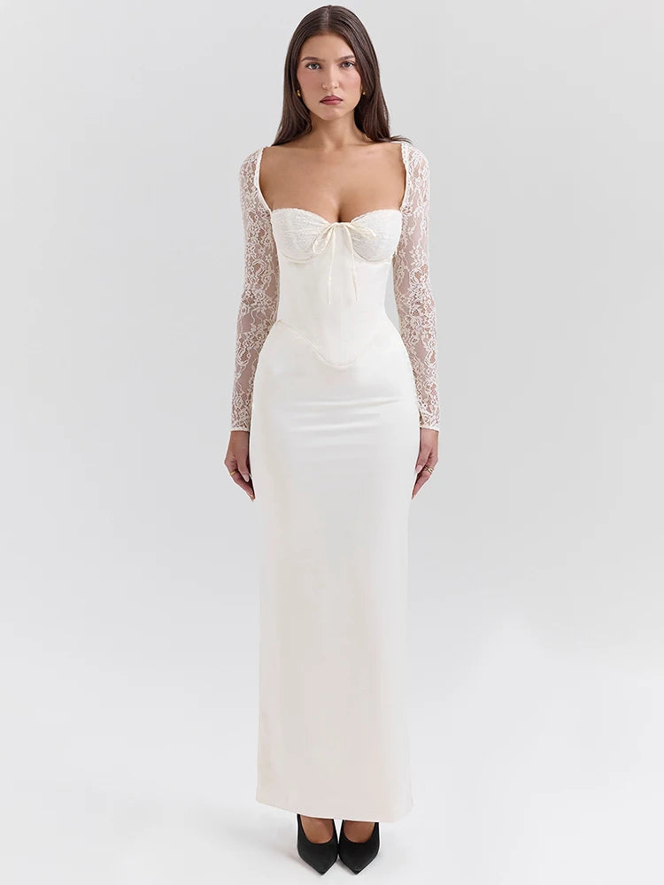 Moziision Lace Long Sleeve Sexy Maxi Dress For Women White Square Collar Backless Back Split Bodycon Club Party Long Dress