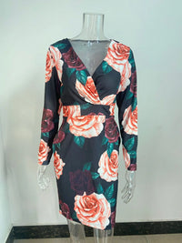 New Autumn/Winter Sexy Long Sleeve V-Neck Wrapped Hip Print Dress for Women