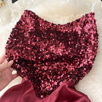 Chic Sequin Asymmetric Backless Slip Dress Sleeveless Korean Fashion Vestidos Women Vintage Summer Hip Wrap Dress