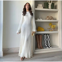 Women's Chic Ruffles Backless Lace Up Knitted Maxi Dress Elegant Round Neck Flare Long Sleeve Vestido 2024 Lady New Fashion Robe