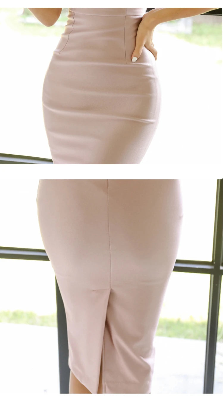 Fashion Simple Sweet Midi Dress Women Pink Short Sleeve Bodycon Skinny Split Robe Femme Elegant Office Lady Party Clothes Female