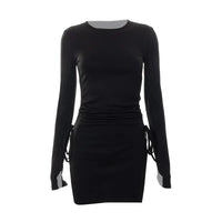 Oshfall Autumn new long sleeved pleated side opening buttocks sexy French dress for European and American women