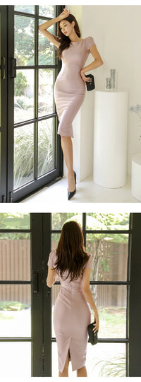 Fashion Simple Sweet Midi Dress Women Pink Short Sleeve Bodycon Skinny Split Robe Femme Elegant Office Lady Party Clothes Female