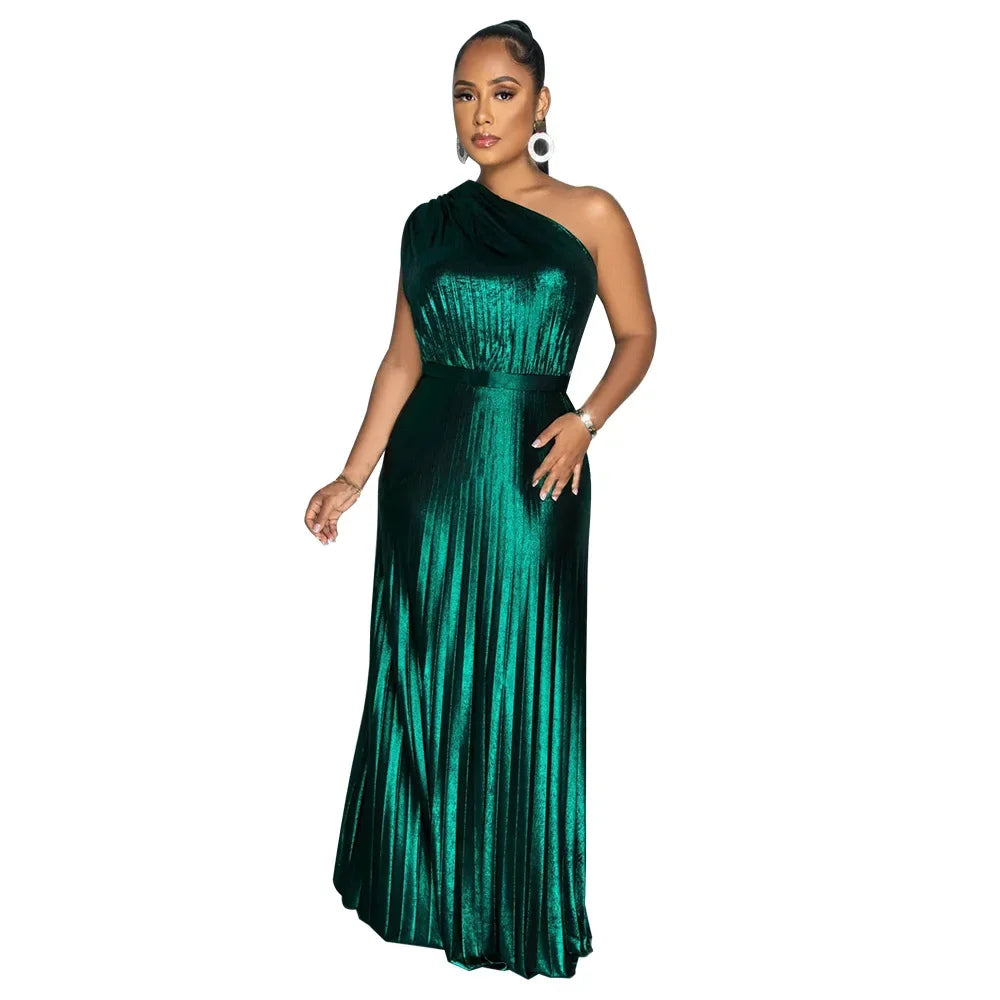 Elegant Women Even Dresses Luxury Maxi Long Metallic Pleated Dress One Shoulder Sleeveless Premium Shiny Shimmer Gowns