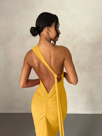 Hugcitar One Shoulder Backless Adjustable Scarf Loop Ruched Sexy Maxi Dress 2024 Women Elegant Y2K Streetwear Festival Outfit