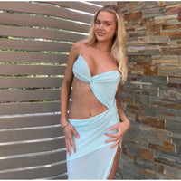 Vacation Hollow Out Mesh Long Sling Dress For Women Y2k Irregular Sleeveless Side Split Beach Suspender Dress Lady Evening Robe
