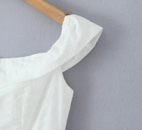 Sexy White Embroidery Flower Roll up Collar Off Shoulder Low Waist Ruched Pleated Swing Mini Dress Women Sexy Summer Robe Party