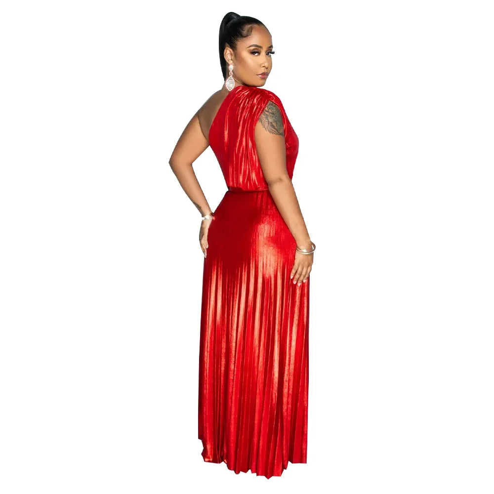 Elegant Women Even Dresses Luxury Maxi Long Metallic Pleated Dress One Shoulder Sleeveless Premium Shiny Shimmer Gowns