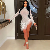 Sexy Pearls Rhinestone Party Dresses Women Elegant Nightclub Feather Birthday Dress Long Sleeve Mesh Sheer Bodycon Dress