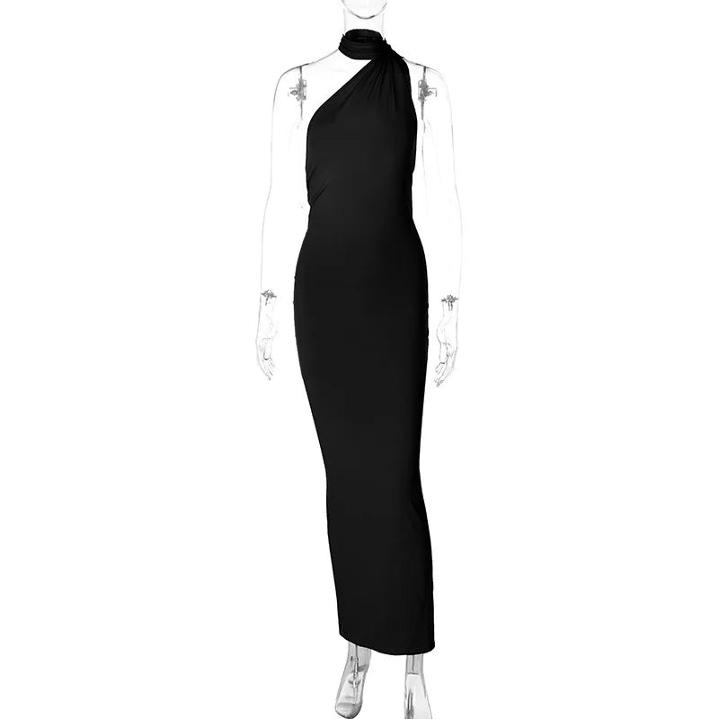 Hugcitar One Shoulder Backless Adjustable Scarf Loop Ruched Sexy Maxi Dress 2024 Women Elegant Y2K Streetwear Festival Outfit