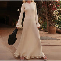 Women's Chic Ruffles Backless Lace Up Knitted Maxi Dress Elegant Round Neck Flare Long Sleeve Vestido 2024 Lady New Fashion Robe